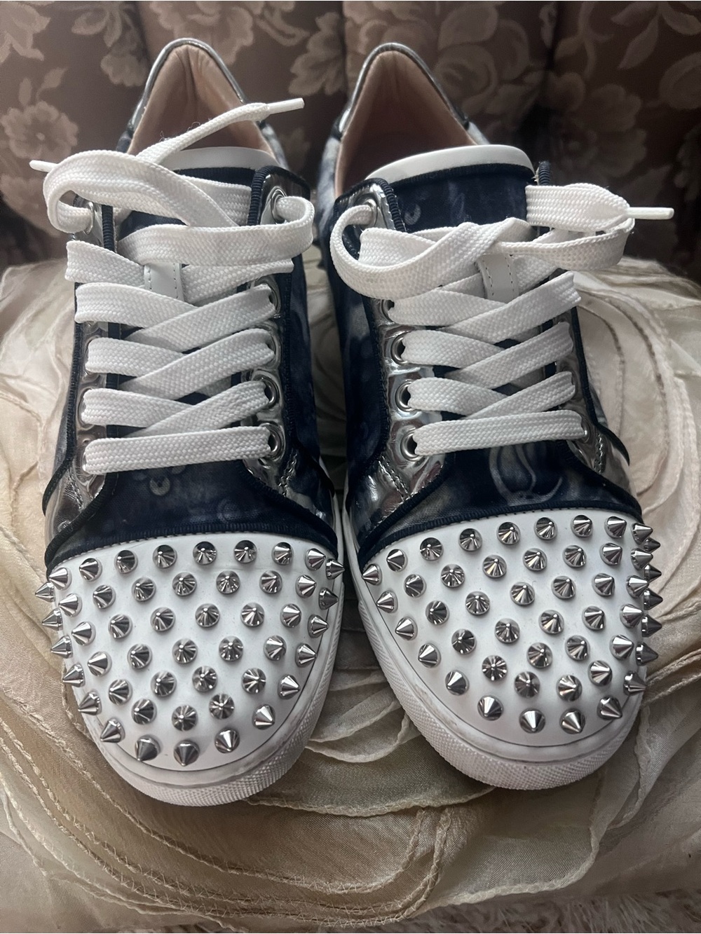 Christian Louboutin White and Black Spike-Toe Low-Top Sneakers (No insoles)